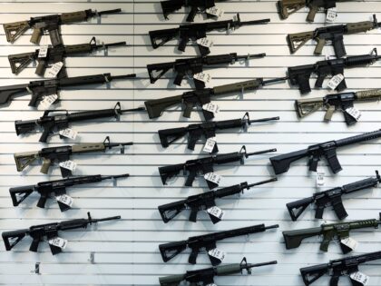 An assortment of semiautomatic rifles are on display for sale at R Guns in Carpentersville