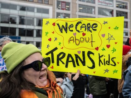 Demonstrators during the Rise Up for Trans Youth rally against President Donald Trump&#039