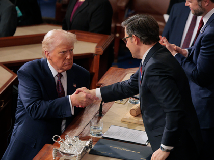 WASHINGTON, DC - MARCH 04: U.S. President Donald Trump shakes hands with Speaker of the Ho