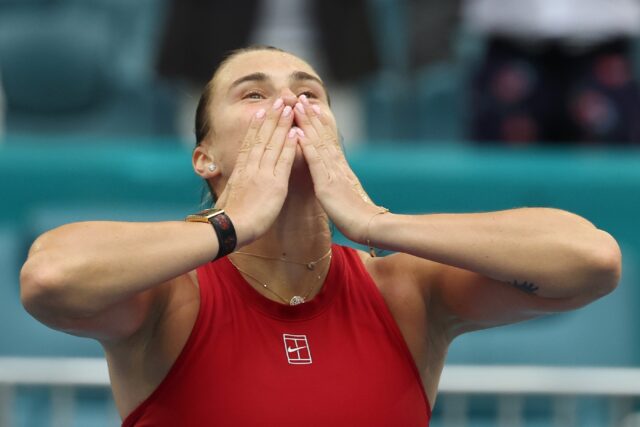 Aryna Sabalenka celebrates after defeating Jessica Pegula of the United States in the wome