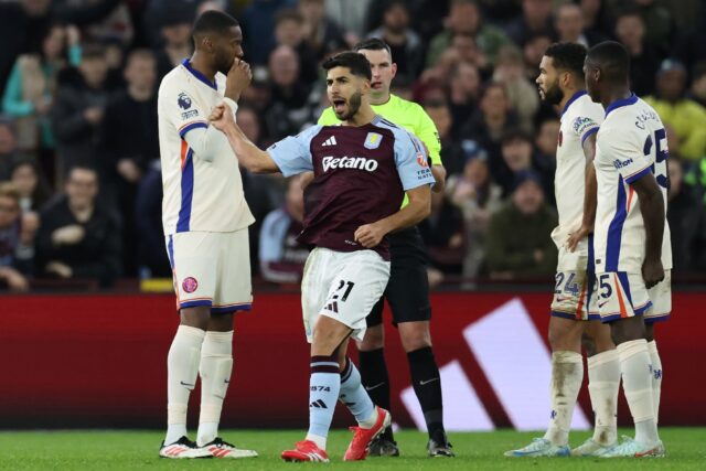 Aston Villa's Marco Asensio (C) celebrates after scoring against Club Brugge
