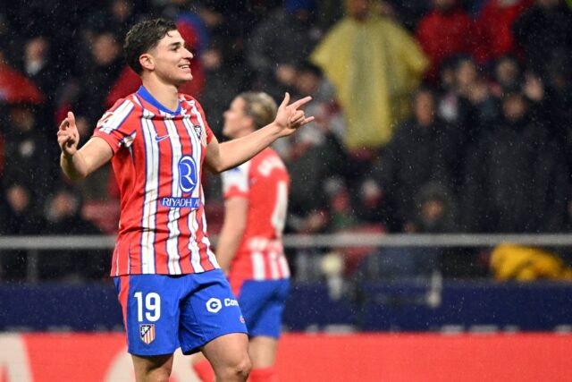 Atletico Madrid's Argentine forward Julian Alvarez celebrates scoring the opening goal aga