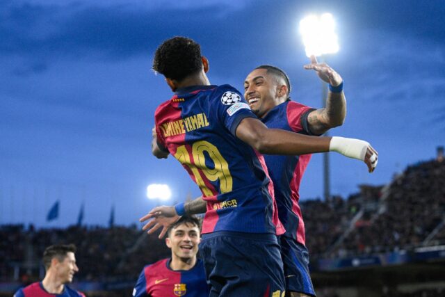 Barcelona's Brazilian forward Raphinha (R) is in fine form this season with 27 goals acros