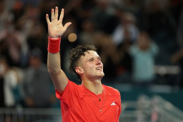 Czech teen Jakub Mensik celebrates after defeating Novak Djokovic of Serbia to win the Mia