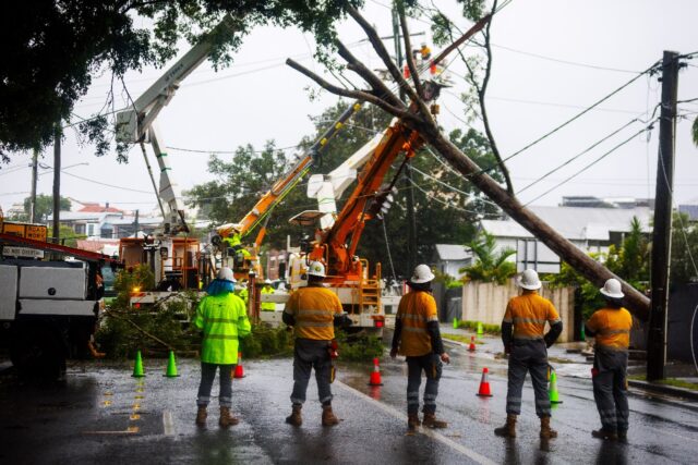 Energex crews clear a fallen tree following the passage of tropical cyclone Alfred in Bris