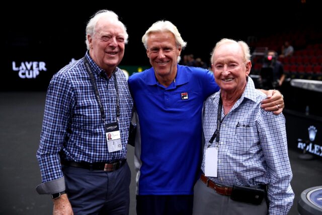 Fred Stolle (L) with Bjorn Borg (C) and Rod Laver (R)