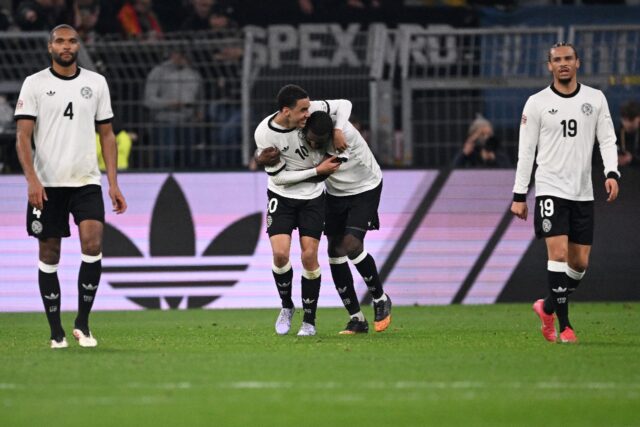 Open goal: Germany's Jamal Musiala (2nd L) celebrates scoring the second goal