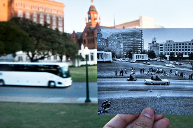 A historic photo of post JFK assassination Dealey Plazza is displayed near its original lo