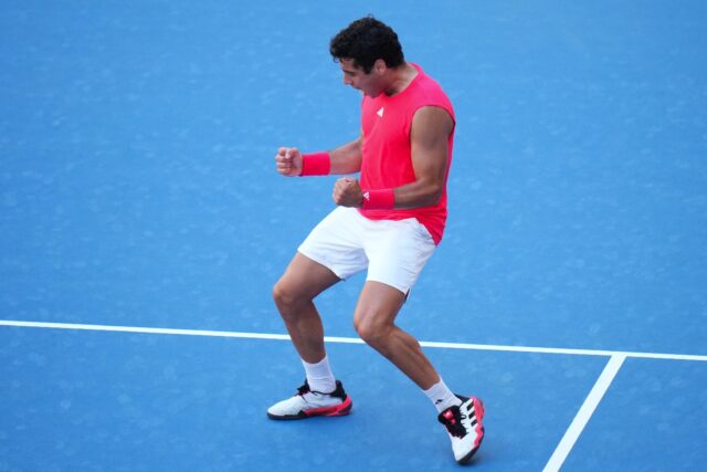 Juame Munar of Spain reacts after defeating Daniil Medvedev at the Miami Open