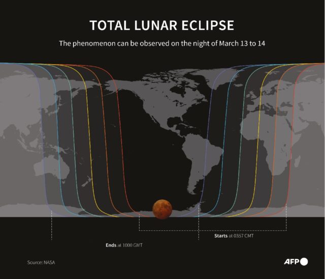This map shows the visible zones for the total lunar eclipse, when the moon appears red-or