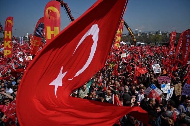 The massive crowd was a sea of red and white Turkish flags and pictures of Mustafa Kemal A