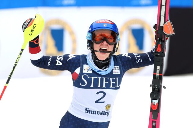 Mikaela Shiffrin of the United States reacts after winning the women's slalom at the World