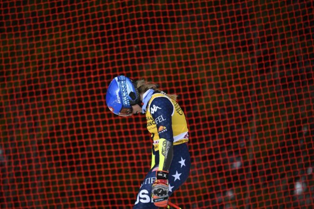Mikaela Shiffrin reacts after skiing out in the first run of the World cup giant slalom in