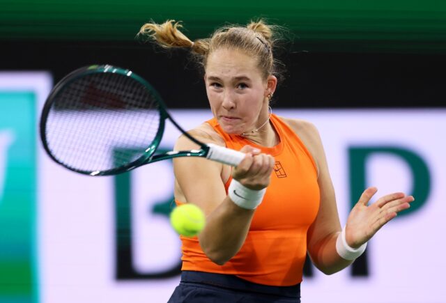 Mirra Andreeva plays a forehand in her third-round victory over Clara Tauson at Indian Wel