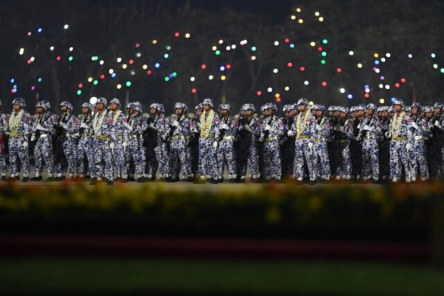 Myanmar soldiers took part in a military parade in the capital Naypyidaw on Thursday, the