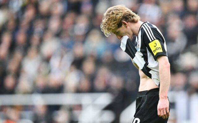 Newcastle's Anthony Gordon was sent off against Brighton