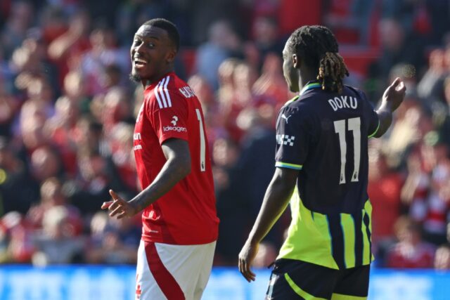 Nottingham Forest's Callum Hudson-Odoi (L) celebrates scoring against Manchester City