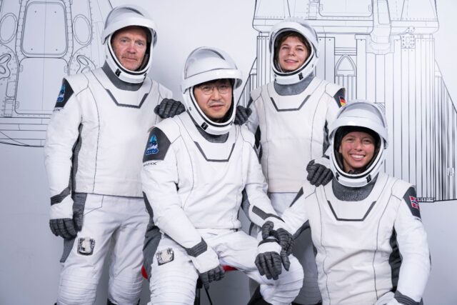 This picture courtesy of Fram2/SpaceX shows from left to right, mission specialist and med