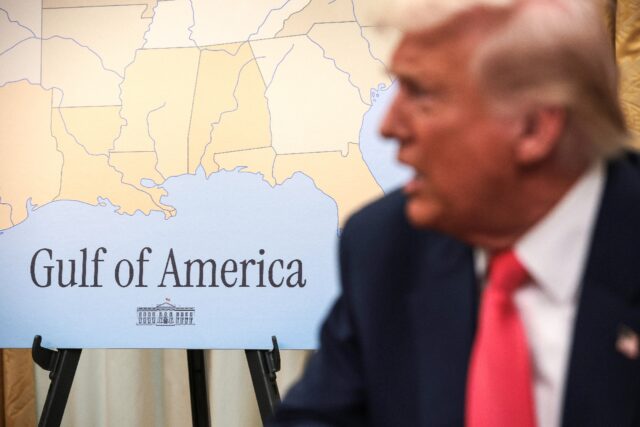 President Donald Trump and a map showing the 'Gulf of America' in the Oval Office