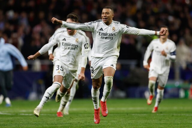 Real Madrid forward Kylian Mbappe celebrates as his team reached the Champions League last