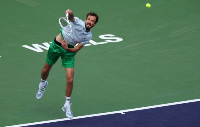Russia's Daniil Medvedev serves on the way to a three-set quarter-final victory over Arthu