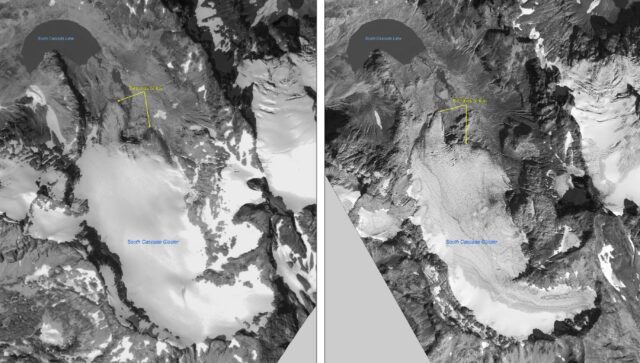 Satellite images of polar ice sheets taken in August 2000 (L) and September 2006 show the