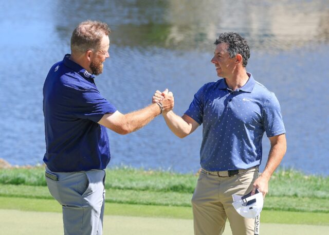 Shane Lowry (left) says playing alongside close friend Rory McIlroy has helped his strong