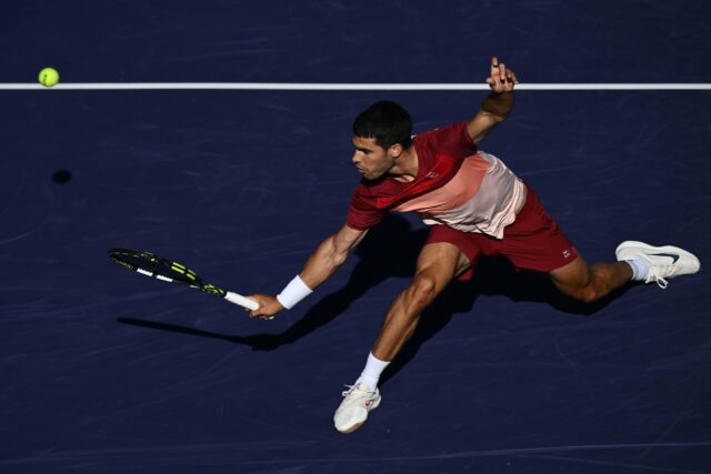 Spain's Carlos Alcaraz stretches for a shot in his semi-final loss to Britain's Jack Drape