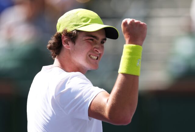 Super cool: Brazilian Joao Fonseca celebrates a point in his first-round win over Jacob Fe