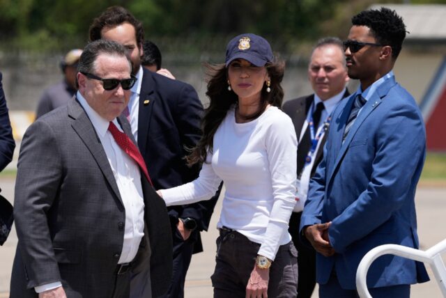 US Homeland Security Secretary Kristi Noem arrives at San Salvador's international airport
