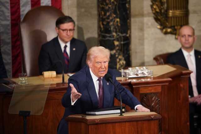 US President Donald Trump speaks during an address to a joint session of Congress at the U