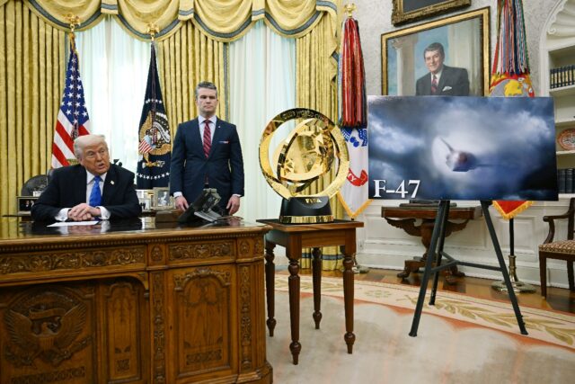 US President Donald Trump speaks alongside Secretary of Defense Pete Hegseth in the Oval O