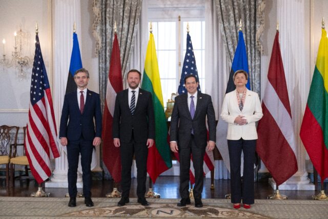 US Secretary of State Marco Rubio poses for a photograph with Lithuanian Foreign Minister