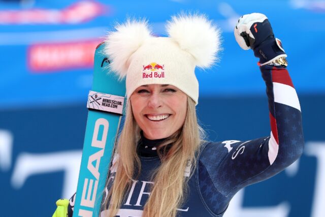 US star Lindsey Vonn waves after a second-place finish in the women's Super-G at the World