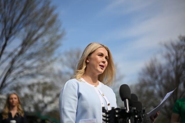 White House Press Karoline Leavitt speaks to reporters outside of the West Wing of the Whi