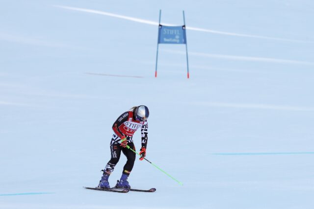 New Zealand's Alice Robinson fails to finish the first leg of the women's giant slalom at