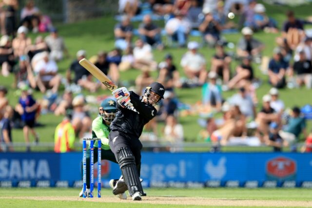 New Zealand's Mark Chapman plays a shot on his way to a centuiry againmst Pakistan in the