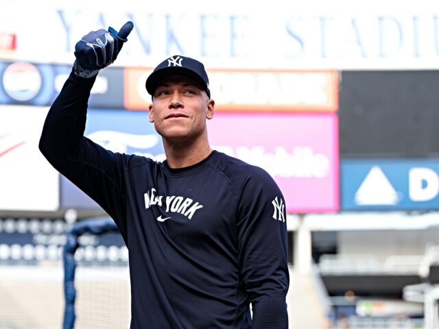 NEW YORK, NY - APRIL 14: Aaron Judge #99 of the New York Yankees acknowledges fans during