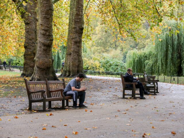 LONDON, UNITED KINGDOM - 2019/11/01: Two men sit on a bench at St James's Park in London,