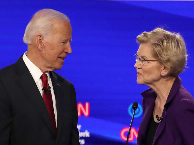 GettyImages-1181329721 WESTERVILLE, OHIO - OCTOBER 15: Former Vice President Joe Biden and Sen. Elizabeth Warren