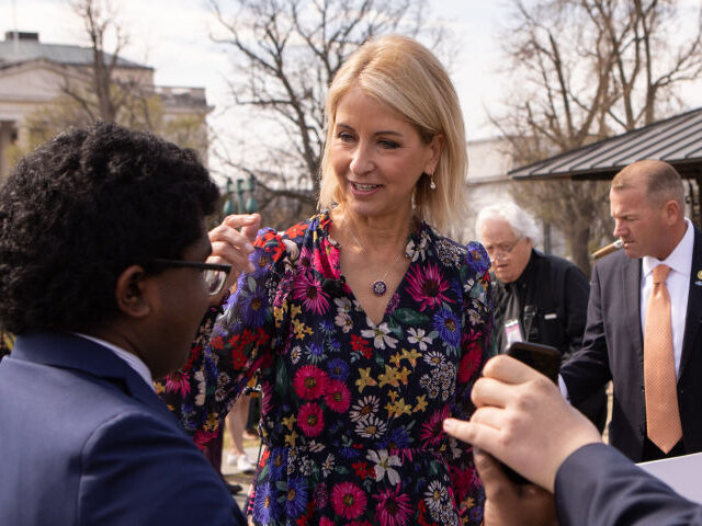 GettyImages-1249148063 Representative Mary Miller, a Republican from Illinois, greets attendees before a news con