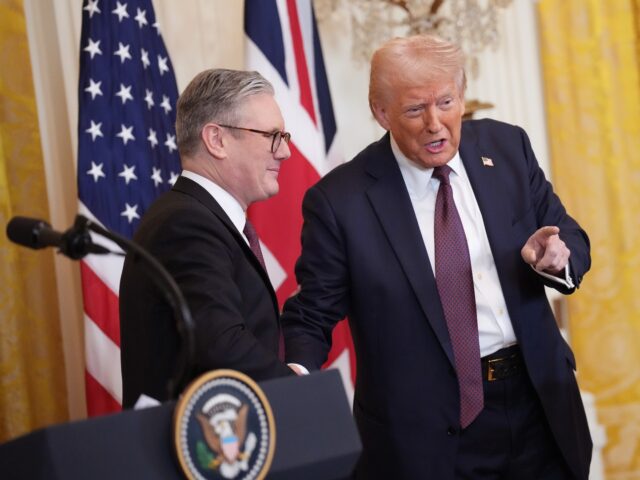 WASHINGTON, DC - FEBRUARY 27: U.S. President Donald Trump speaks with UK Prime Minister Ke