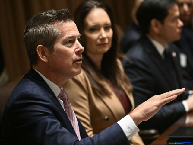 US Secretary of Transportation Sean Duffy (L) speaks as US President Donald Trump hosts a