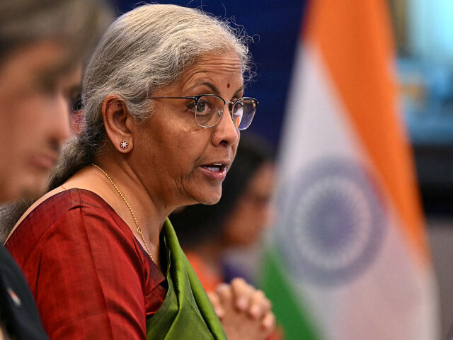 GettyImages-2208718785 India's Finance Minister Nirmala Sitharaman speaks during an India-UK Economic and Fi