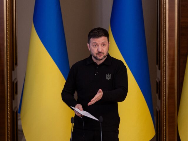 Ukraine's President Volodymyr Zelensky gestures as he speaks during a press conference in