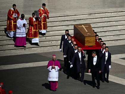 Pallbearers carry the coffin of late Pope Francis during the funeral ceremony in St Peter&