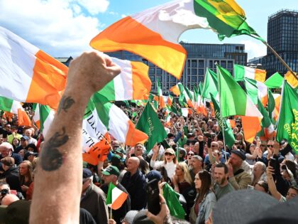 DUBLIN, IRELAND - APRIL 26: Anti-migrant activists take part in an anti immigration rally