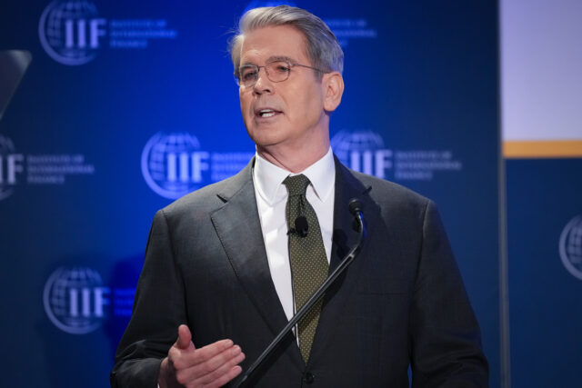 WASHINGTON, DC - APRIL 23: U.S. Treasury Secretary Scott Bessent delivers remarks during t