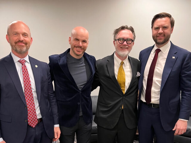 L-R: Heritage Foundation president Kevin Roberts, Angel Studios cofounder and chief content officer Jeffrey Harmon, Live Not By Lies author Rod Dreher, and Vice President JD Vance at the premiere the docuseries, April 1, 2025. L-R: Heritage Foundation President Kevin Roberts, Angel Studios cofounder and chief conten