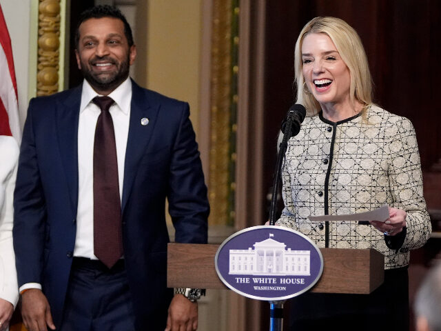 Attorney General Pam Bondi speaks during a ceremonial swearing-in of Kash Patel, President